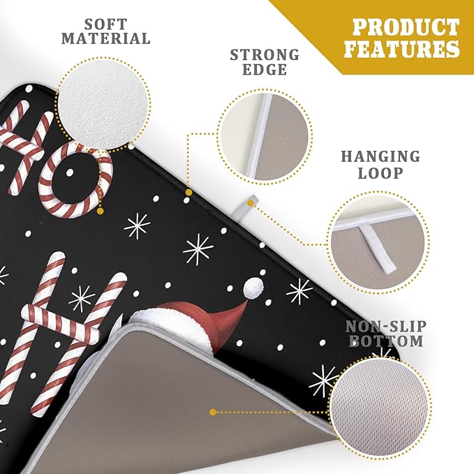 Christmas Santa Laugh Dish Drying Mat Winter Snowflakes Black Dish Drainer Mats Xmas Candy Cane Stick Sweet Dish Dry Pad for Kitchen Countertop Coffee Bar 18x24 inch Large