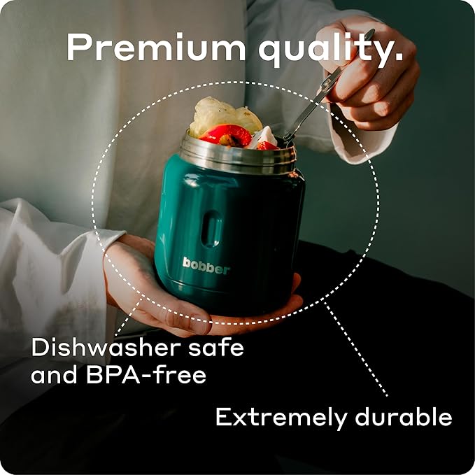 BOBBER 16 oz Insulated Stainless Steel Thermos for Hot Food, Extra-Wide Mouth Soup Container with Spoon and Bowl - Keeps Rice and Pasta Hot for 10 Hours and Salads Cold for 15 Hours (Green)