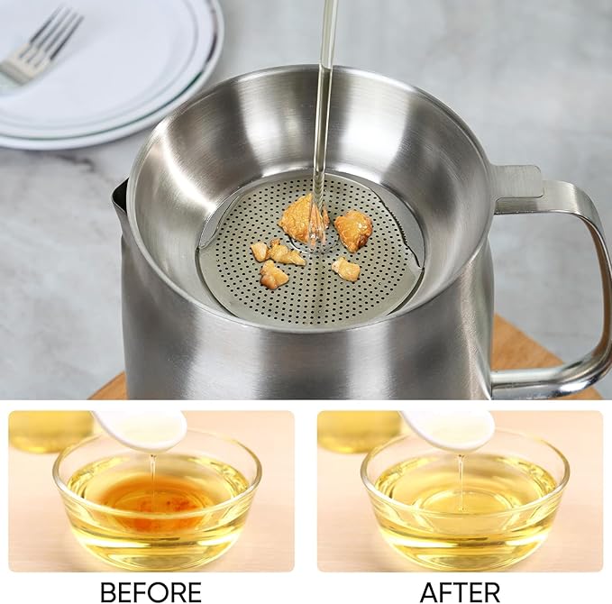 Bacon Grease Container with Strainer, 304 Stainless Steel Grease Container for Kitchen with Dust-proof Lid & Basket, Dishwasher Safe Cooking Oil Container, 50oz/1.5L