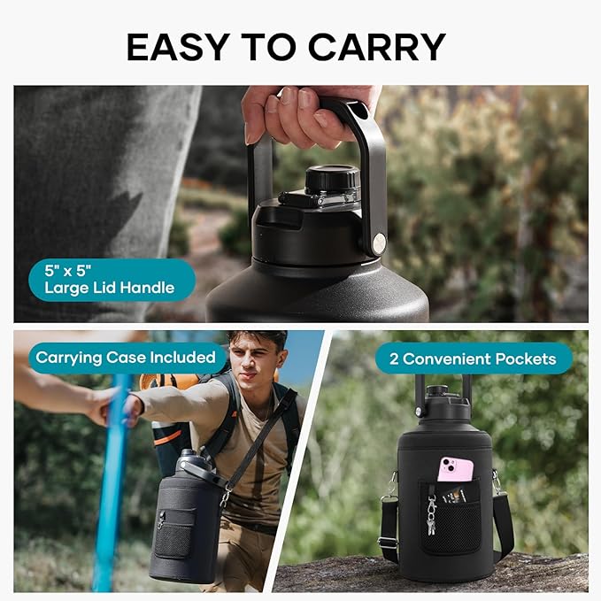 BUZIO 1.5 Gallon Water Bottle Insulated, (Cold for 48 Hrs) 196oz Large Water Jug Stainless Steel, 3.58in Big Wide Mouth Leak Proof BPA Free Flask with Carrying Sleeve for Camping,Gym,Travel, Black