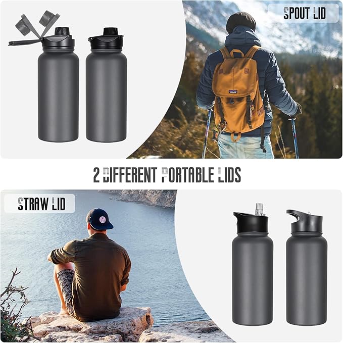 32 oz Insulated Water Bottle Bulk 8 Pack, Stainless Steel Sports Water Bottles with Straw Lid & Wide Mouth Lids, Double Walled Vacuum, Leak Proof, Gray