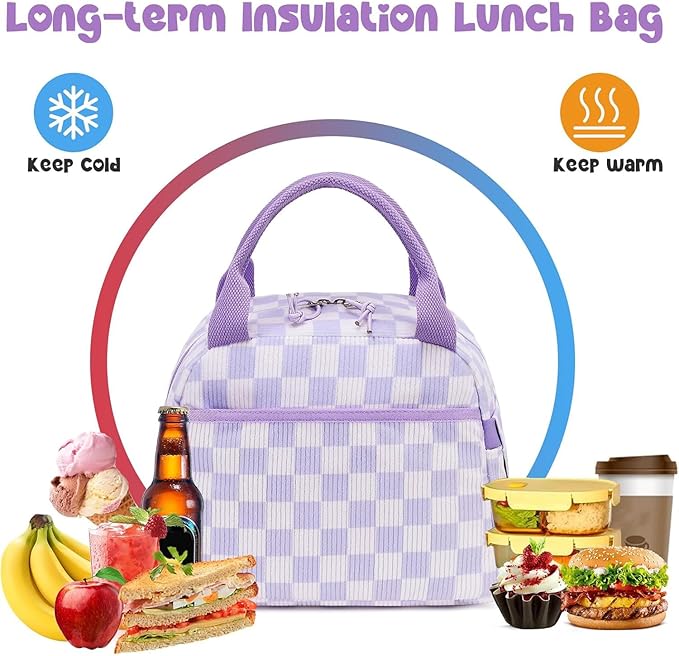 Bluboon Lunch Bag for Women Men Cute Corduroy Lunch Tote Bags Reusable Insulated Lunch Box Large Capacity Reusable Insulated Cooler for Work Picnic or Travel (Corduroy checkered purple)