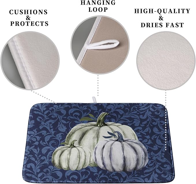 Autumn Dish Drying Mat Fall Navy Blue White Pumpkin Dish Pad for Kitchen Counter 16x18 Microfiber Absorbent Thanksgiving Dish Draining Mat Reusable Washable Dish Drainer Rack Mat
