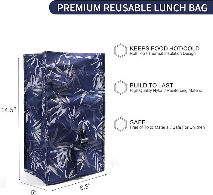 SUNNY BIRD Insulated Lunch Bag Rolltop Lunch Box Tote Bag for Women, Men, Adults and Teens (Blue Bamboo)