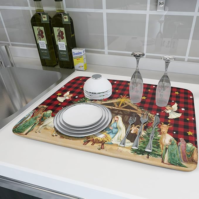 Xmas Dish Drying Mats 18x24 Inch, Red Black Vintage Buffalo Plaid Microfiber Absorbent Dishes Drainer Rack Tableware Protector Pad for Kitchen Counter Home Decor