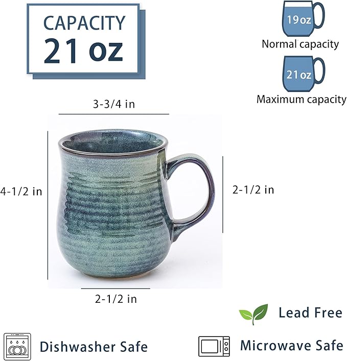 21 oz Large Ceramic Coffee Mugs, Pottery Mug Handmade, Ceramic Tea Cups with Handle for Office and Home, Dishwasher and Microwave Safe (Green)