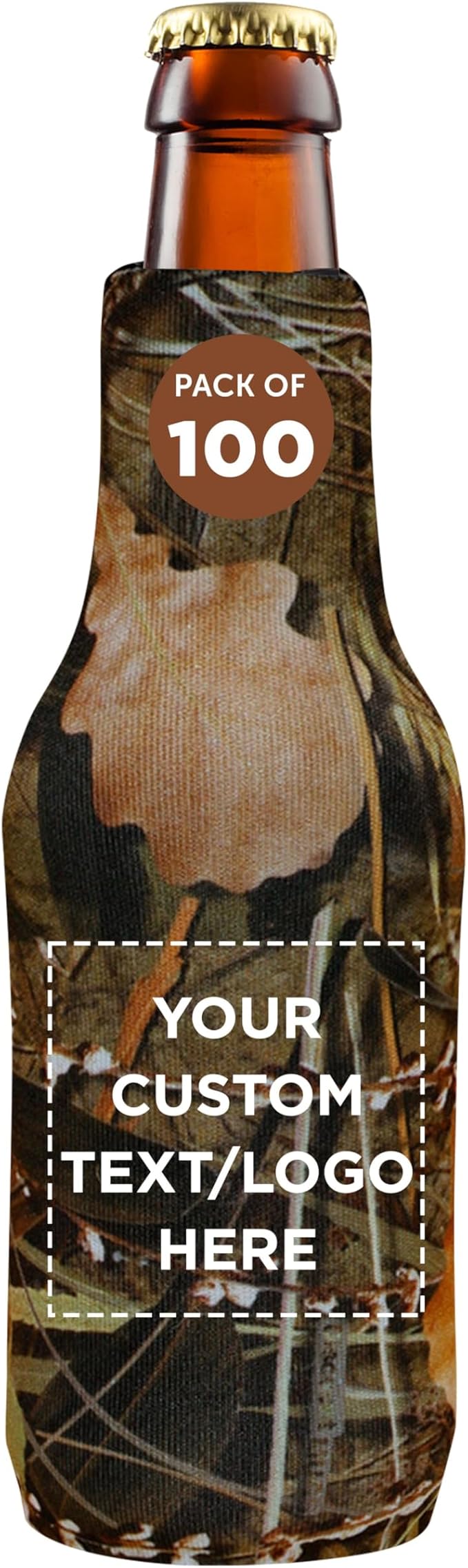 100 Neoprene Zippered Beer Bottle Coolies Pack - Customizable Text, Logo - Sharkskin Rubber Bottom - Camo4