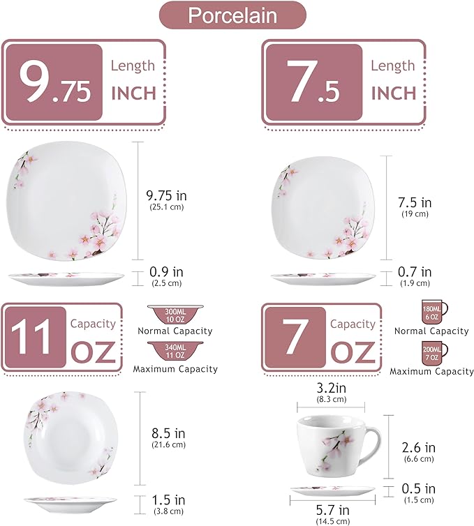VEWEET Annie Porcelain Dinnerware for 6, 30-Piece Pink Floral Dish Set With Plates and Bowls Including Dinner, Dessert, Soup, Cups & Saucers