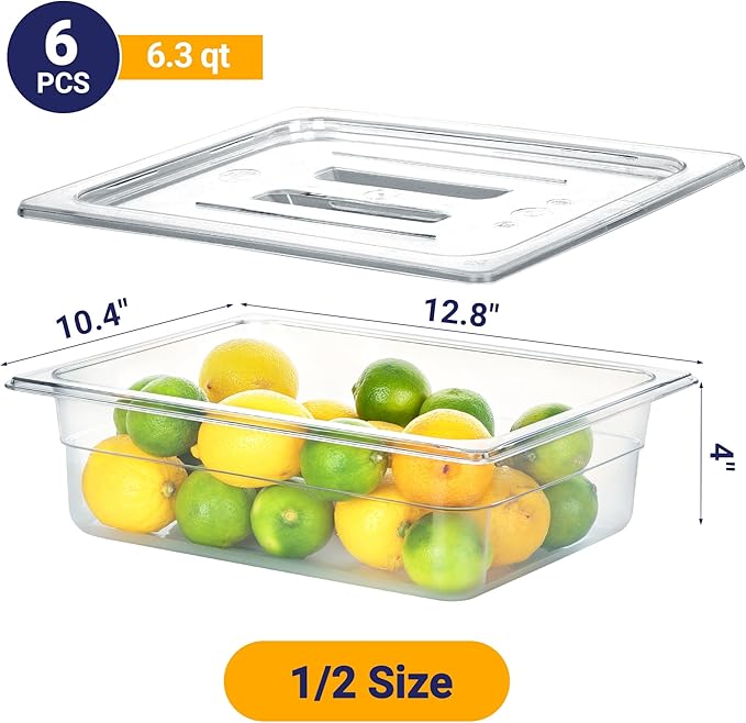 6 Pack NSF Food Pans with Lids, 1/2 Size 4'' Deep Commercial Food Storage Containers, Polycarbonate, Clear