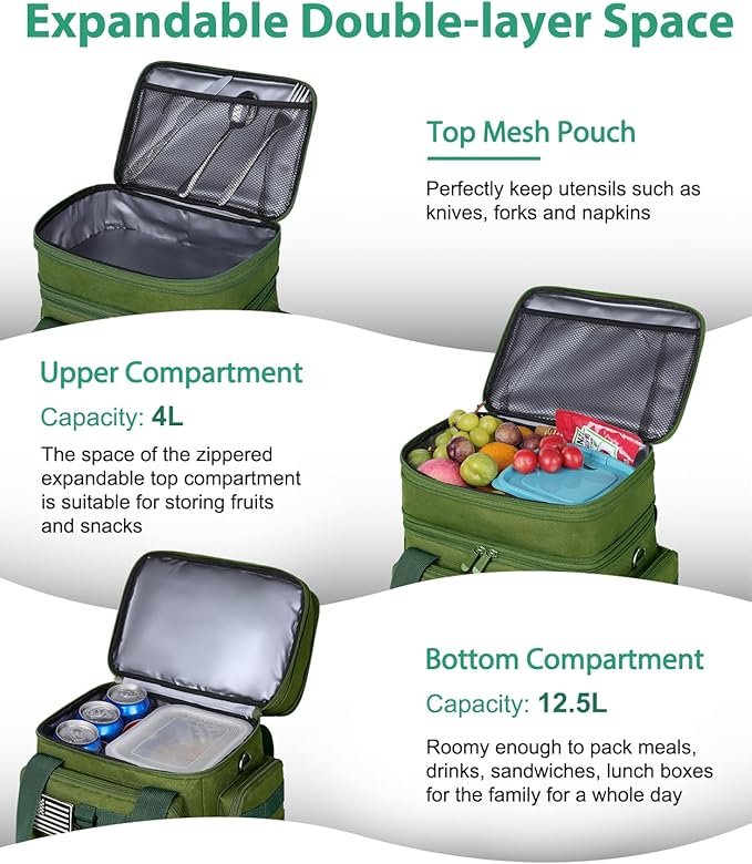Tactical Lunch Box for Men, Large Insulated Lunch Bag for Adult, Heavy Duty Double Deck Expandable Lunch Cooler Bag with American Flag, Leakproof Soft Lunch Pail for Work Office Camping - Green