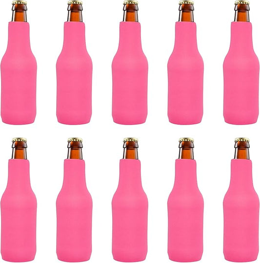 10 Neoprene Zippered Beer Bottle Coolies Pack - Sharkskin Rubber Bottom - Neon Pink