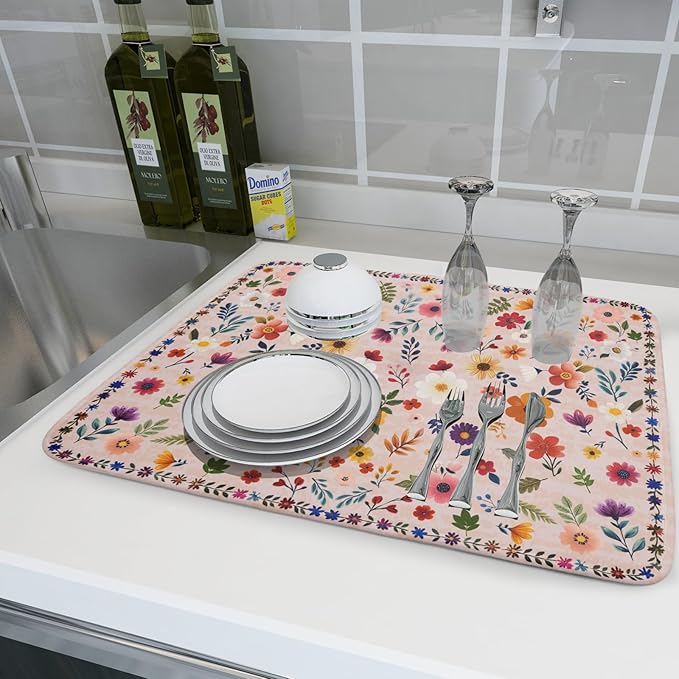 Spring Flowers Dish Drying Mat - Summer Pink Floral Washable Decorative Drying Pad for Women Home Kitchen Decor