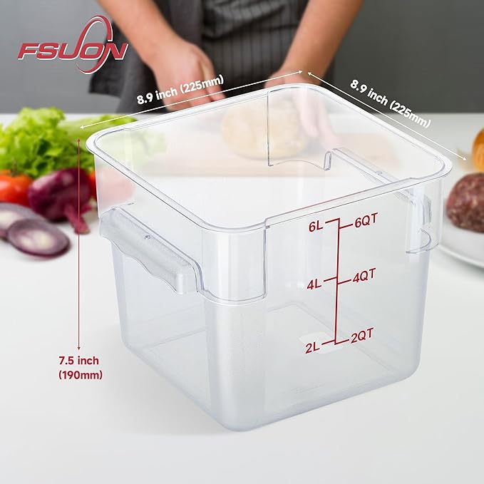 4 Pack Clear Food Storage Containers with Lids and Handles Polycarbonate Square Commercial Food Containers, NSF (6Qt)