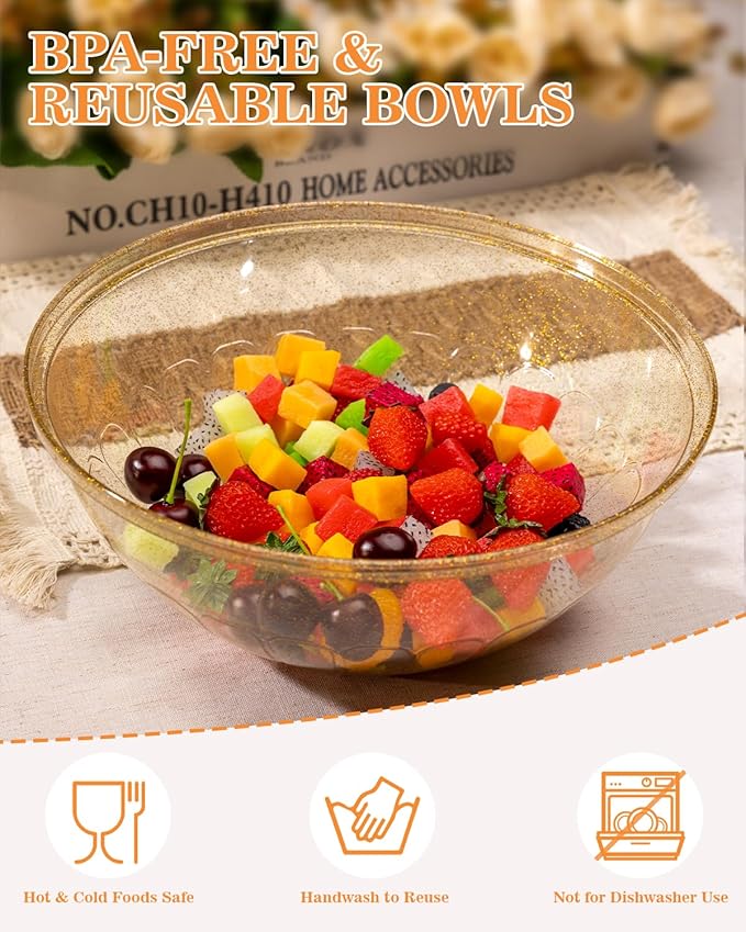 BESTVIP 150oz Glitter Gold Plastic Serving Bowls for Party, 4 Pack 11.6inch Large Disposable Chips Bowl for Salad, Snacks, Candy Dishes for Parties, Christmas, Weddings & Holidays, Events, Reusable