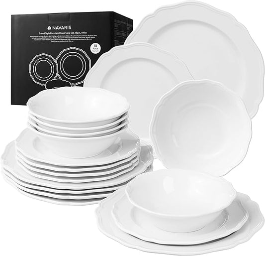 Navaris Scandi Style Porcelain Dinnerware Set - Ceramic Crockery Sets for 6 - Stackable Dishes with Dinner and Salad Plates Cereal Bowls - Dishwasher & Microwave Safe - 18pcs White