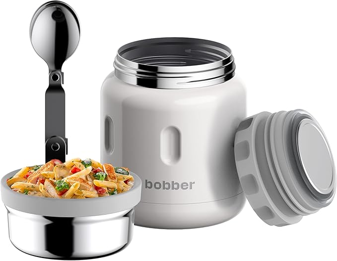 BOBBER 16 oz Insulated Stainless Steel Food Thermos for Hot Food, Extra-Wide Mouth Lunch Container for Adults with Spoon and Bowl, Dishwasher Safe - Keeps Meals Hot for 10 Hours (Grey)
