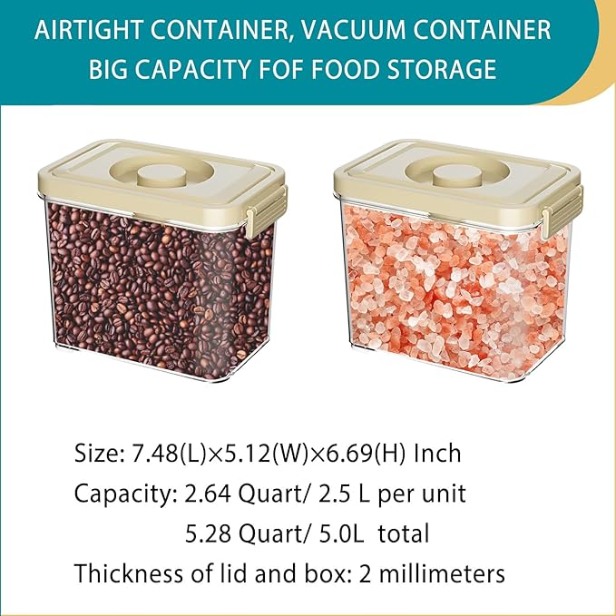 Airtight Containers 2 Units, Triple Vacuum Seal Airtight Food Storage, 2.64 Quart Each Unit, Preserve Fresh and Fragrant for Snacks, Sugar, Spices, Nuts and Coffee Containers