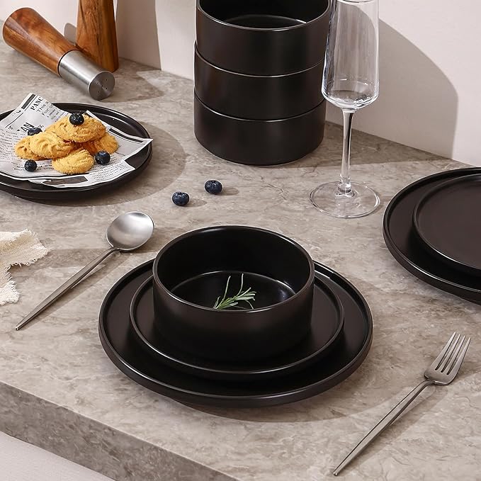 GZG Classic Series - Plates and Bowls Set for 6, 18 Piece Stoneware Dinnerware Sets, Microwave and Dishwasher Safe Lead-Free Handcrafted Ceramic Dishes Set - Matte Black