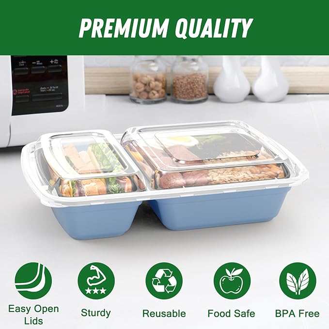 50 Pack (100-Piece) 28 oz Meal Prep Containers Reusable with Lids 2-Compartment, Sturdy Leakproof Food Safe, Microwave Freezer Dishwasher Safe, To Go Take Out Plastic Food Storage, Blue