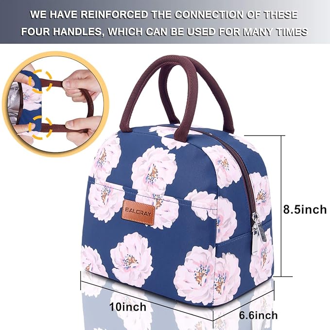 BALORAY Lunch Bag for Women Men Insulated Lunch Box for Adult Reusable Lunch Tote Bag for Work, Picnic or Travel (Pink Flower)