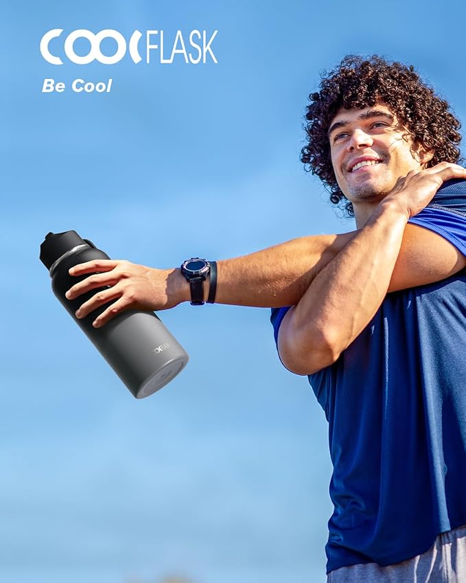 Water Bottle 32 oz Insulated with Straw, Coolflask Stainless Steel Metal 3 Lids Water Flask Wide Mouth for Sports or Office, Non-BPA Keep Cold Up to 48 Hrs or Hot Up to 24 Hrs, Piano Night
