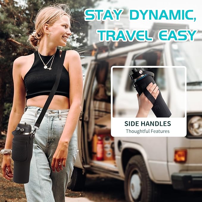 32/40 OZ Water Bottle with Carrying Case, Stainless Steel Insulated Bottle with Lid and Straw, Double Wall Vacuum Thermal Cup Fit in Car Cup Holder for Travel Drive