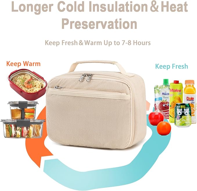 Bluboon Kids Girls Lunch Bag Insulated Lunch Box for school Corduroy Lunch Cooler Organizer School Kids Lunch Tote (Corduroy-White)