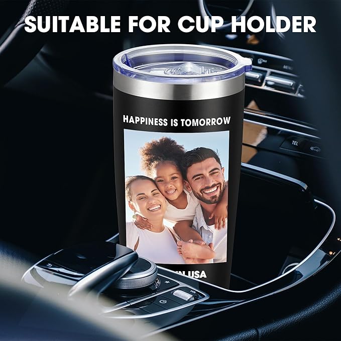 Personalized Custom Tumbler Print in USA 20oz Stainless Steel Coffee Cup with Lid & Straw Double Wall Insulated Tumbler with Colorful Text Logo Photo