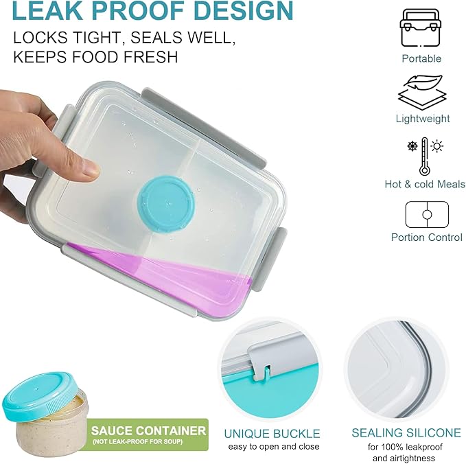 3 Pack Salad Lunch Box Food Storage Containers, 47oz Bento Box To Go Container with Lids, Meal Prep Containers with Removable Tray & Dressing Pots for Kids and Adults, Reusable and Microwave Safe