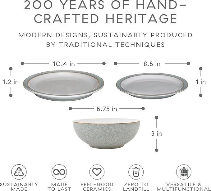 Denby - Elements Light Grey 12 Piece Dinner Set for 4 - Ceramic Tableware Plate & Bowl Set - Dishwasher Microwave Safe Crockery - 4 x Dinner Plates, Small Plates, Cereal Bowls - Chip & Crack Resistant