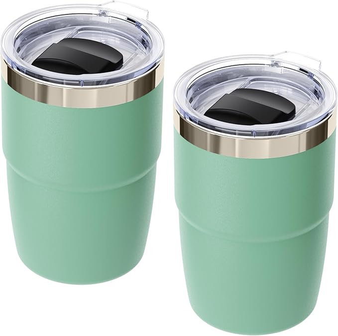 8 oz Espresso/Coffee Cup with Magnetic Lid, Ceramic-Lined 18/8 Stainless Steel, Double-Wall Vacuum Insulated, Stackable, Dishwasher Safe, Mini Tumbler for On-the-Go (Seafoam, 2 Pack)