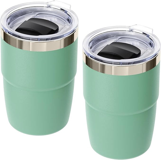 8 oz Espresso/Coffee Cup with Magnetic Lid, Ceramic-Lined 18/8 Stainless Steel, Double-Wall Vacuum Insulated, Stackable, Dishwasher Safe, Mini Tumbler for On-the-Go (Seafoam, 2 Pack)