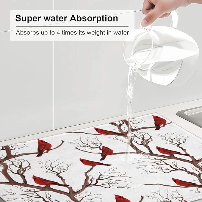 Winter Cardinal Birds Microfiber Dish Drying Mat for Kitchen Counter 18"x24" Christmas Dishes Drying Pad Dish Drainer Rack Mats Absorbent Washable Reusable Christmas Kitchen Home Holiday Decor