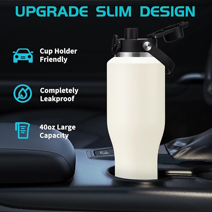 40 OZ Water-Bottle Fit Car Cup-Holder - Double Wall Vacuum Insulated Thermal with Lid and Straw, Stainless Steel Cup 40oz with Carrying Case, for Travel Drive