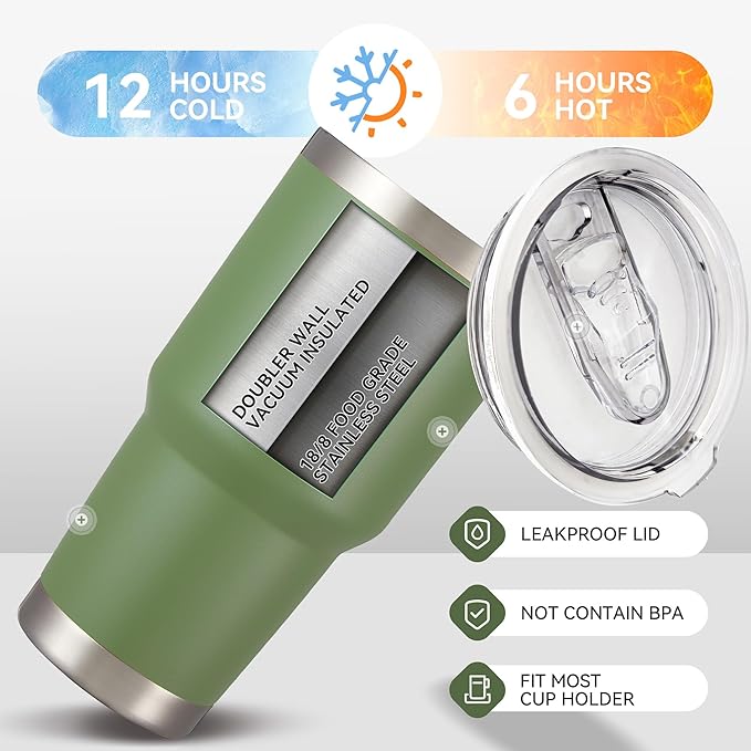 30 oz Tumbler with Lid Stainless Steel Tumblers Bulk Vacuum Insulated Cup Reusable Powder Coated Travel Mug Double Wall Leak Proof Cups Keep Cold Drinks for 12 Hours Army Green, Set of 8