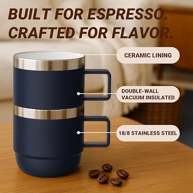 6 oz Espresso/Coffee Mug with Handle, Ceramic-Lined 18/8 Stainless Steel, Double-Wall Vacuum Insulated, Stackable, Dishwasher Safe, Fits Most Espresso Machines (Wine Red, 2 Pack)