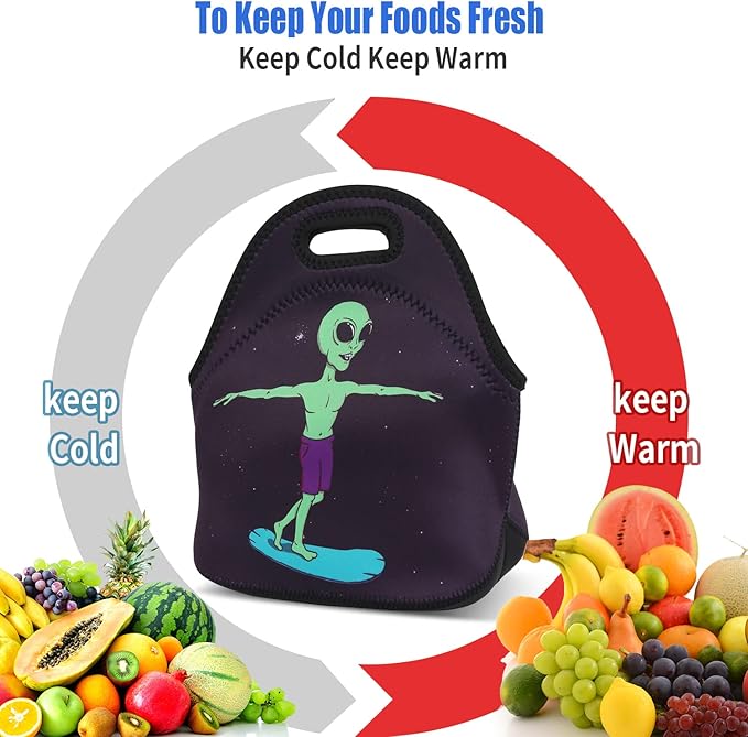 Violet Mist Women's Reusable Neoprene Lunch Bag, Alien Insulated, 11.42"L x 10.43"H x 5.51"W, 8.7 inches, fits containers up to 7"W x 6"L