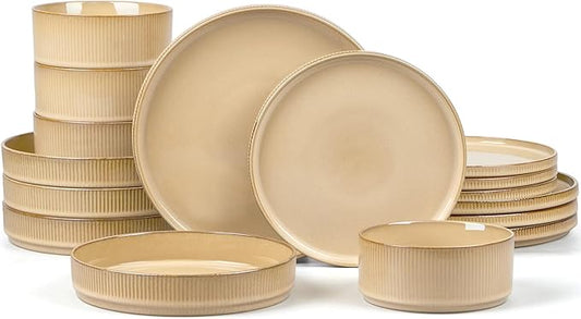 E-far 16 Piece Dinnerware Sets, Plates and Bowls with Pasta Bowls Service for 4, Modern Stoneware Ribbed Dishes for Kitchen Dining, Microwave & Dishwasher Safe, Caramel Khaki