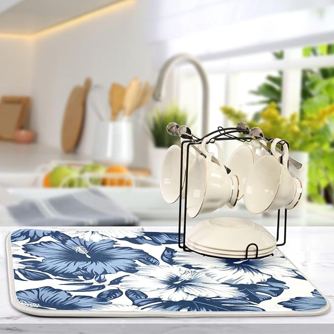 Blue White Hibiscus Flowers Dish Drying Mat for Kitchen Counter Super Absorbent Dishes Pad Reversible Microfiber Protector Dish Draining Mats 18x24 inch