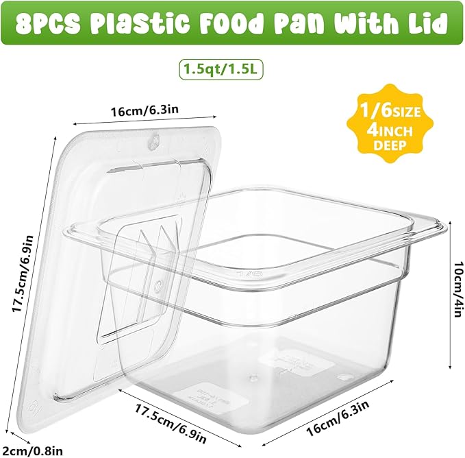 8 Set 1/6 Size Clear Polycarbonate Food Pans with Lids 4 Inch Deep Food Storage Containers Restaurant Hotel Pan with Lid Plastic Commercial Stackable Containers for Snack Fruits Vegetables Beans Corns