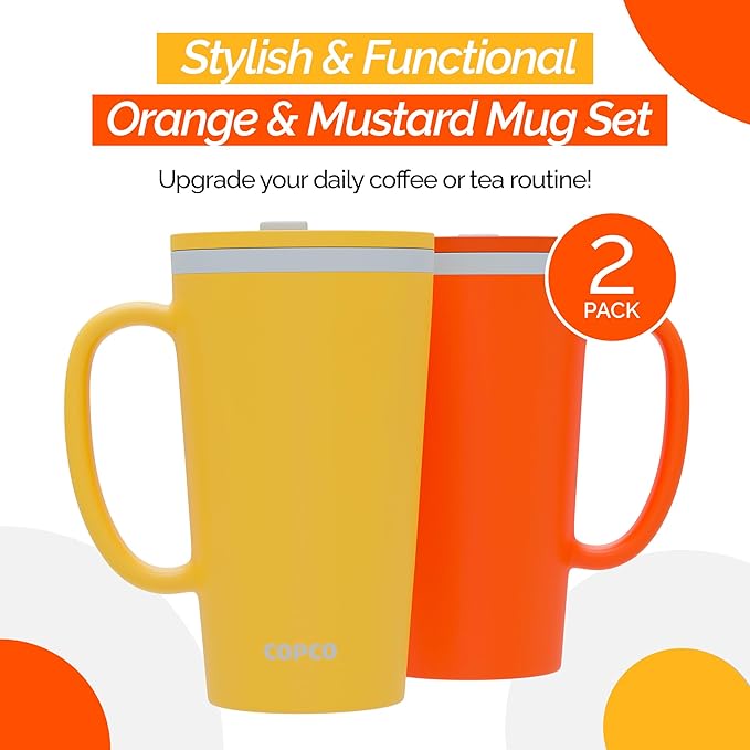 Copco Cone Desk Mug, 16 Ounce (Set of 2) - Double Wall Insulated Mug Set with Lid and Handle, Microwave & Dishwasher Safe, BPA-Free Mug, Desk-Friendly & Car Cup Holder Compatible (Orange/Mustard)