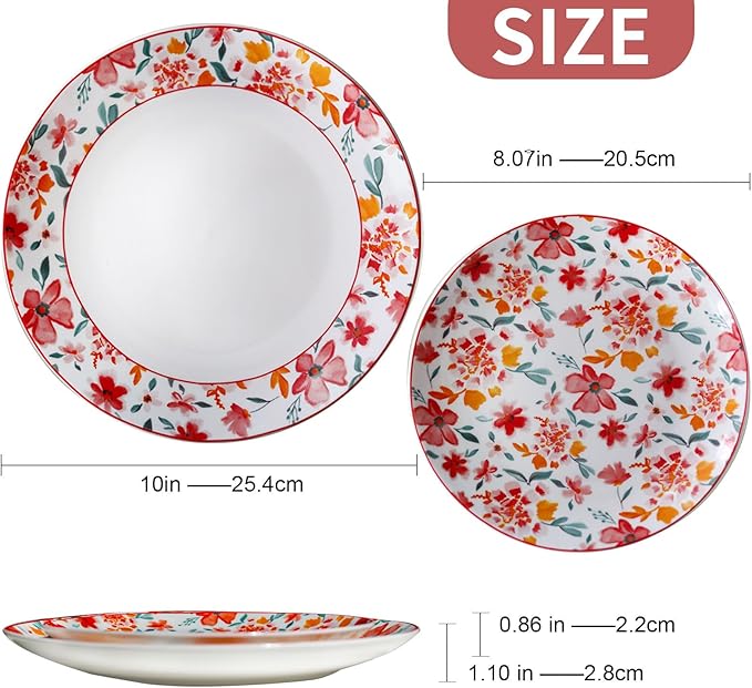 Porcelain Floral Plates 8 Inches &10 Inches Set of 4 Total, Ceramic Dessert Plate, Appetizer Salad Plate Set, Dinnerware Dinner Plates for Kitchen, Cake Snacks