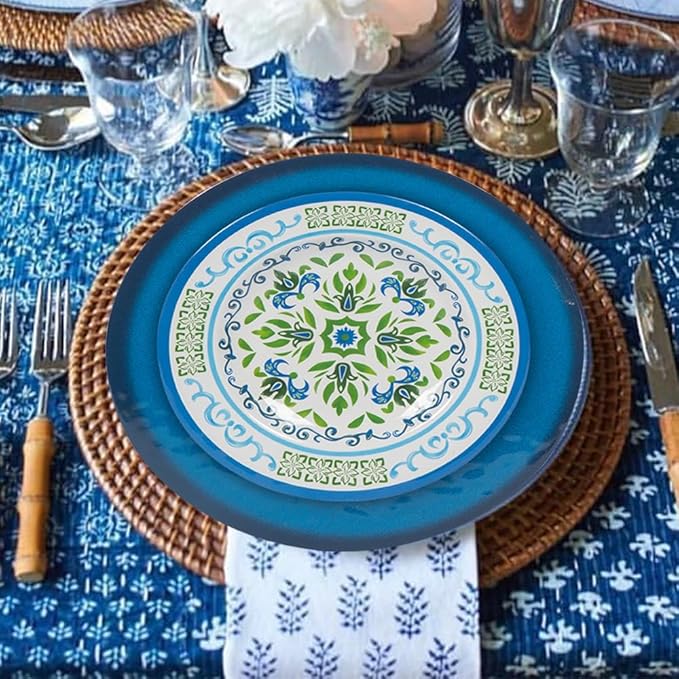 Melamine Dinnerware Sets 12 Pcs, Melamine Plates, Party Plates and Bowls Sets, Camping Dishes Set for 4, Unbreakable, BPA-Free, Dishwasher Safe （Green flowers）