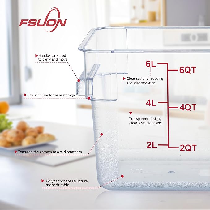 4 Pack Clear Food Storage Containers with Lids and Handles Polycarbonate Square Commercial Food Containers, NSF (6Qt)