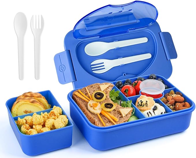 Bento Box Adult Lunch Box,Lunch Containers for Adults Kids,5-Compartment Bento Box for Kids Snack Boxes with Cutlery (Blue)