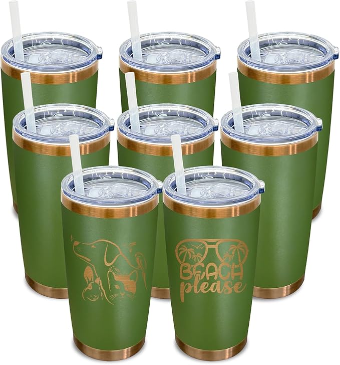 20 oz Tumbler Bulk 8 Pack Stainless Steel Tumblers with Lids and Straws, Double Wall Vacuum Insulated Travel Coffee Mug for Laser Engrave, Powder Coated Cups Hot and Cold Drinks (Army Green,8 pack)