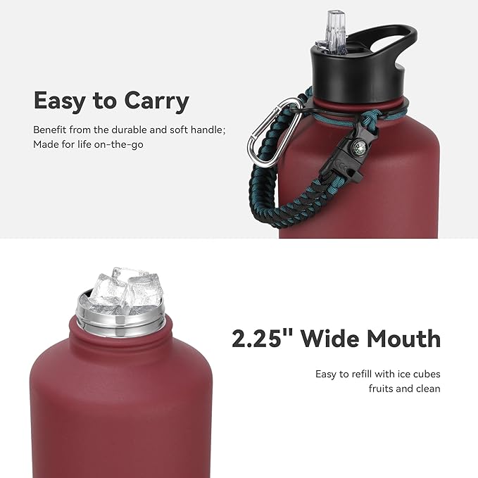 64 oz Insulated Water Bottle with Straw & Spout Lids, Stainless Steel Metal Half Gallon Water Jug with Paracord Handle, Double Wall Vacuum, Leakproof, Keep Drinks Cold & Hot, Brick Red