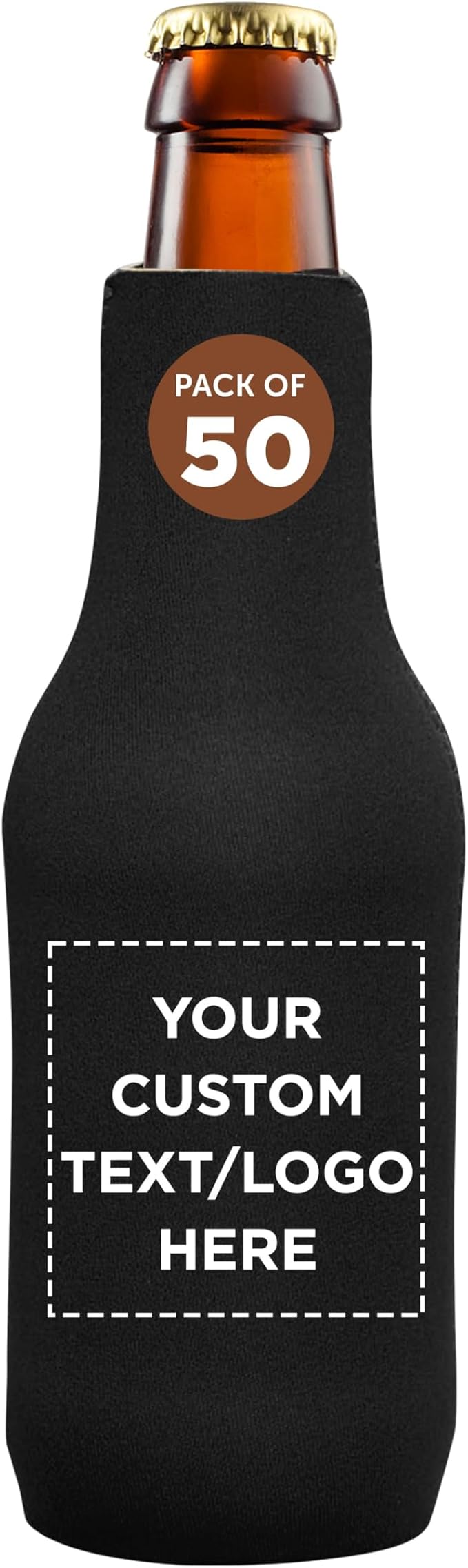 50 Neoprene Zippered Beer Bottle Coolies Pack - Customizable Text, Logo - Sharkskin Rubber Bottom - Black