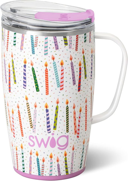Swig Life 18oz Travel Mug, Insulated Tumbler with Handle and Lid, Cup Holder Friendly, Dishwasher Safe, Stainless Steel, Birthday Gifts for Women (Make a Wish)