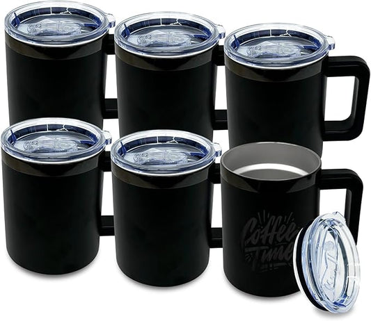 10 oz Tumblers with Handle and Straw Stainless Steel Insulated Coffee Mug for Laser Graving 20oz Powder Coated Cup with Black Plated(Black,6 pack)